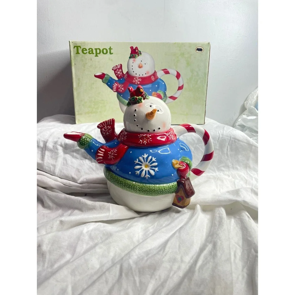 Adorable Snowman Teapot Candy Cane Handle Christmas Holiday Kitchen Decor